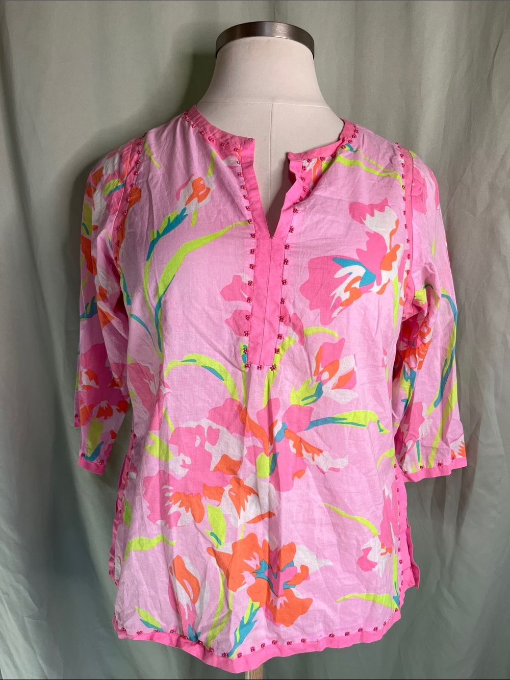 Gretchen Scott 100% Cotton Bright Pink Floral Split Neck Tunic Top XL
